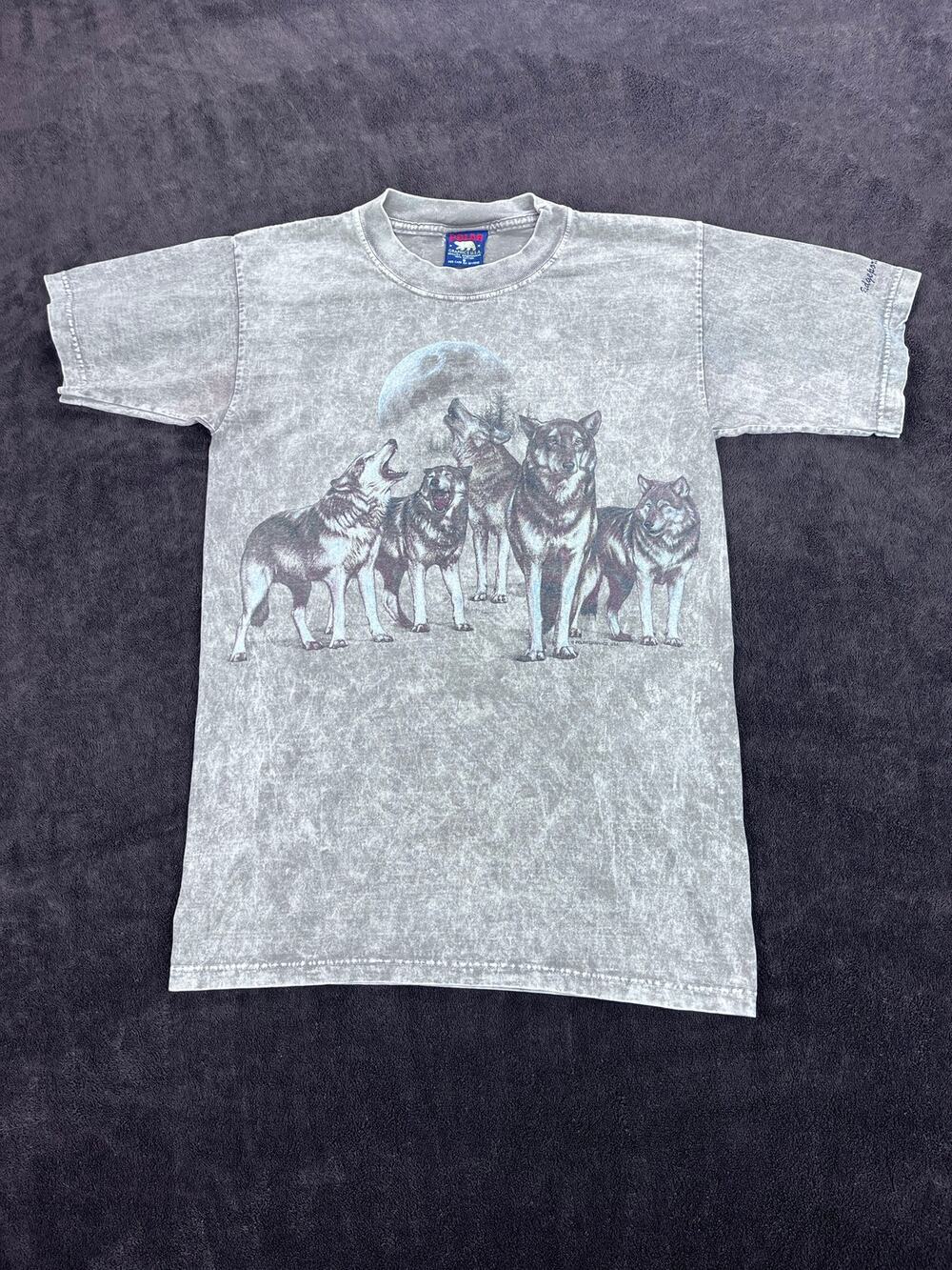 Vtg 90s Polar Graphics Wolf Pack Moon Mineral Wash Tee - Fits S/M